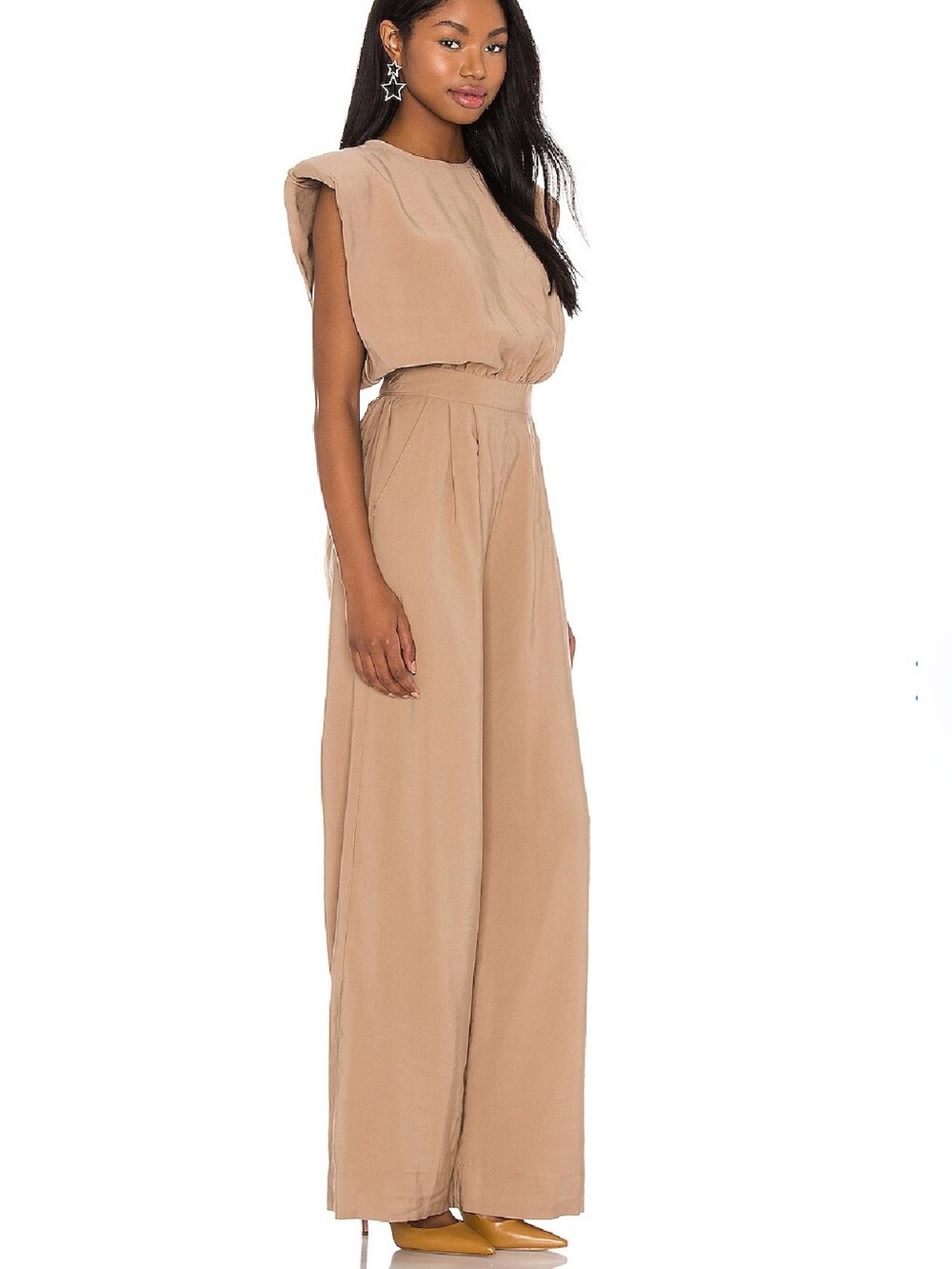 Nonchalant Label Josie Jumpsuit XS Camel Padded Shoulder Wide Leg Designer